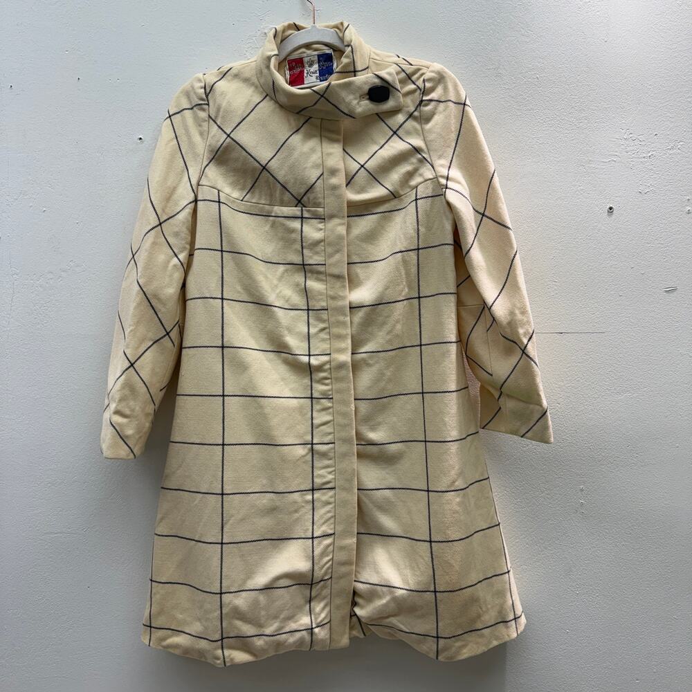 Vintage 1960s Lilli Ann Knit Paris Cream Grid Navy Blue Coat Spring Classic